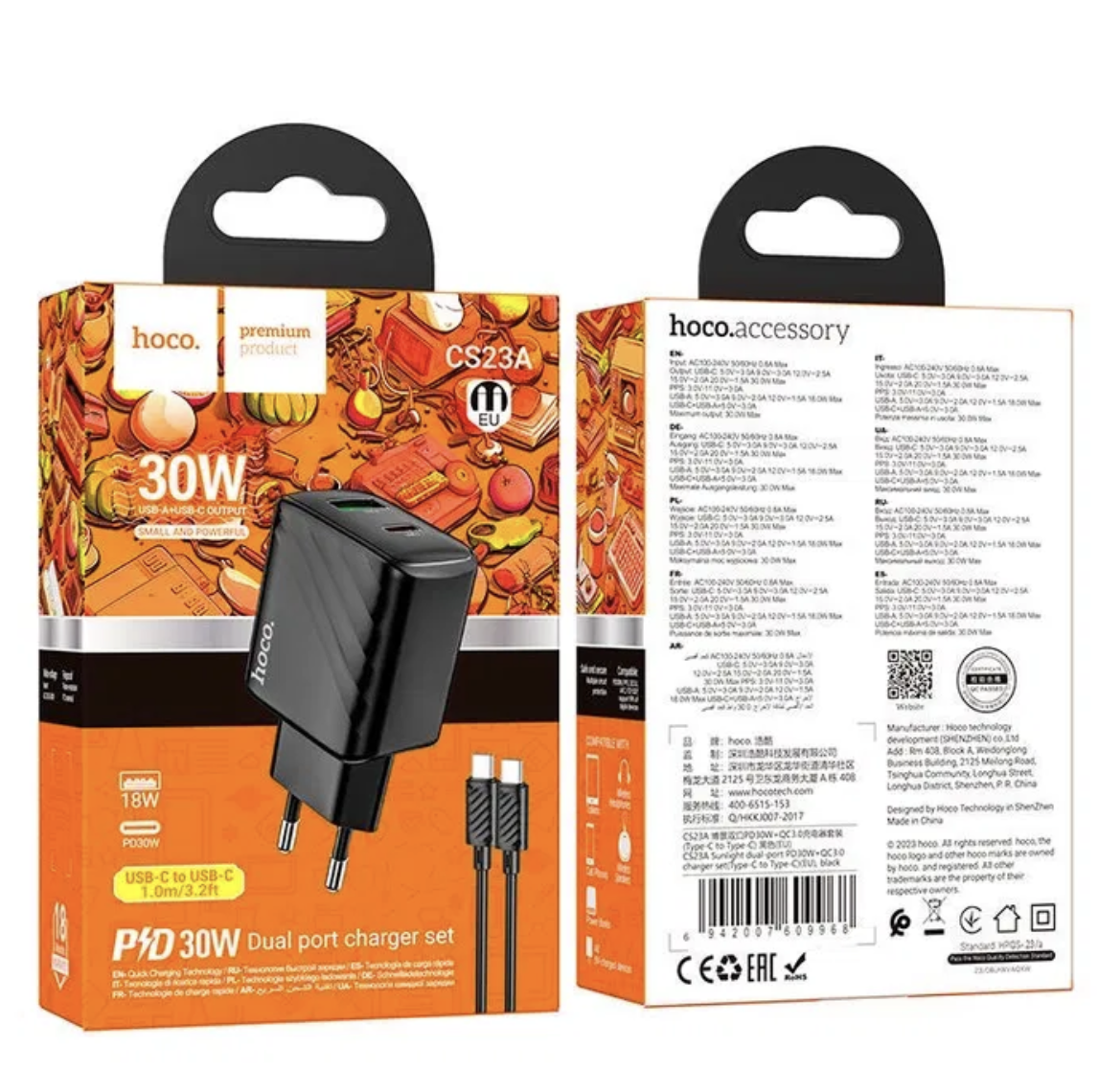 Hoco PD30W+QC3.0 + кабель Type-C+Type-C